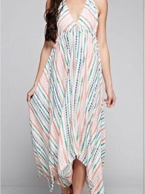 lovestitch Coral, Teal & Navy Striped Halter Dress
